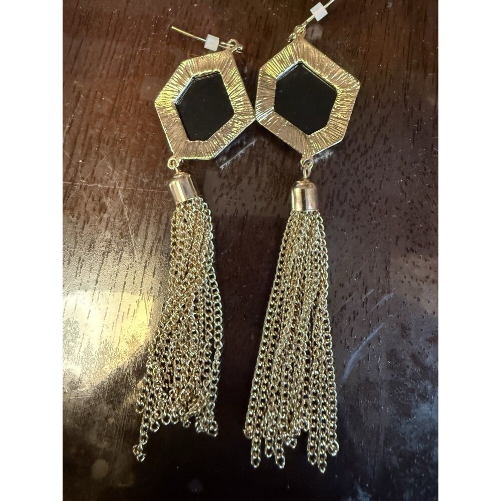 Gold Tone Black Geometric Tassel Dangle Drop Hook Earrings Metal Lobe - Picture 2 of 2